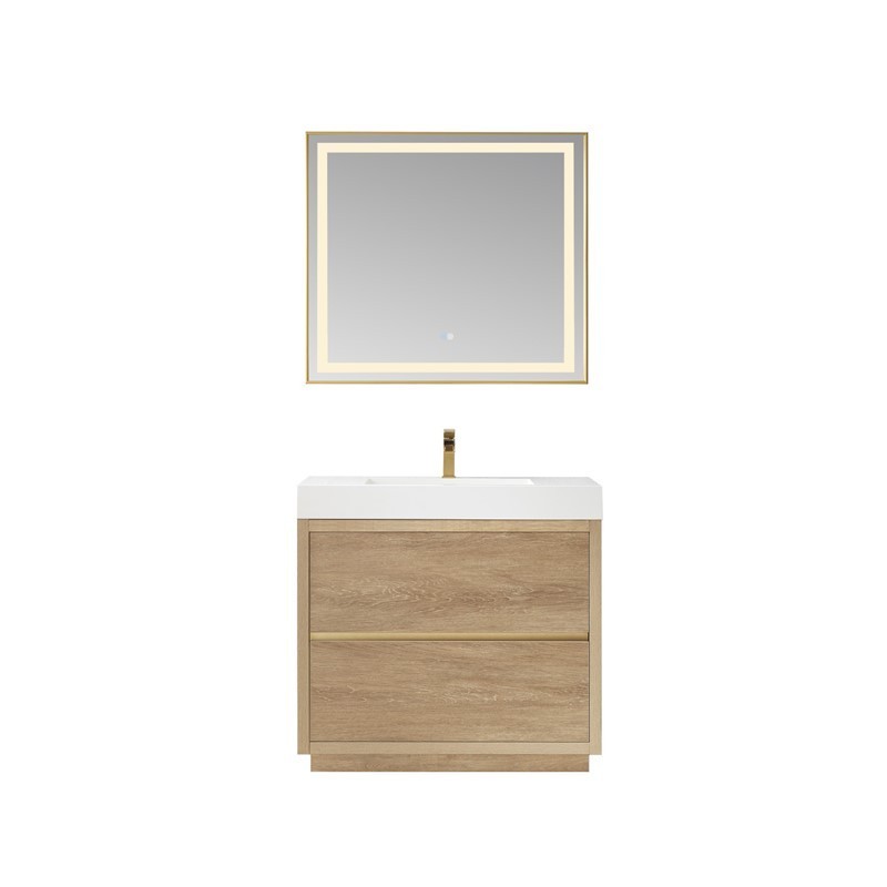 VINNOVA 703036-NO-WH HUESCA 35 3/4 INCH SINGLE SINK BATH VANITY IN NORTH AMERICAN OAK WITH WHITE COMPOSITE INTEGRAL SQUARE SINK TOP AND MIRROR