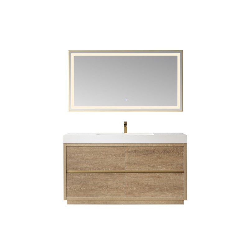 VINNOVA 703060-NO-WH HUESCA 59 3/4 INCH SINGLE SINK BATH VANITY IN NORTH AMERICAN OAK WITH WHITE COMPOSITE INTEGRAL SQUARE SINK TOP AND MIRROR