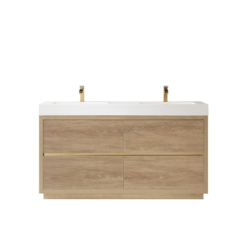 VINNOVA 703060M-NO-WH-NM HUESCA 59 3/4 INCH DOUBLE SINK BATH VANITY IN NORTH AMERICAN OAK WITH WHITE COMPOSITE INTEGRAL SQUARE SINK TOP