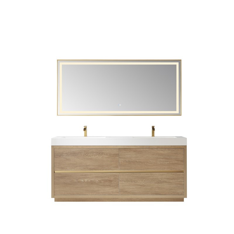 VINNOVA 703072-NO-WH HUESCA 71 3/4 INCH DOUBLE SINK BATH VANITY IN NORTH AMERICAN OAK WITH WHITE COMPOSITE INTEGRAL SQUARE SINK TOP AND MIRROR