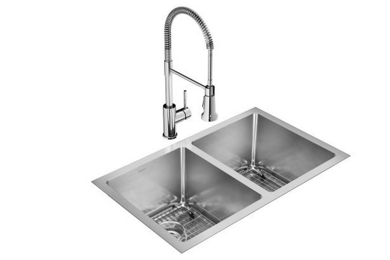 ELKAY EFRU311810TFC CROSSTOWN 30 3/4 INCH 16 GAUGE EQUAL DOUBLE BOWL UNDERMOUNT STAINLESS STEEL KITCHEN SINK WITH FAUCET - POLISHED SATIN
