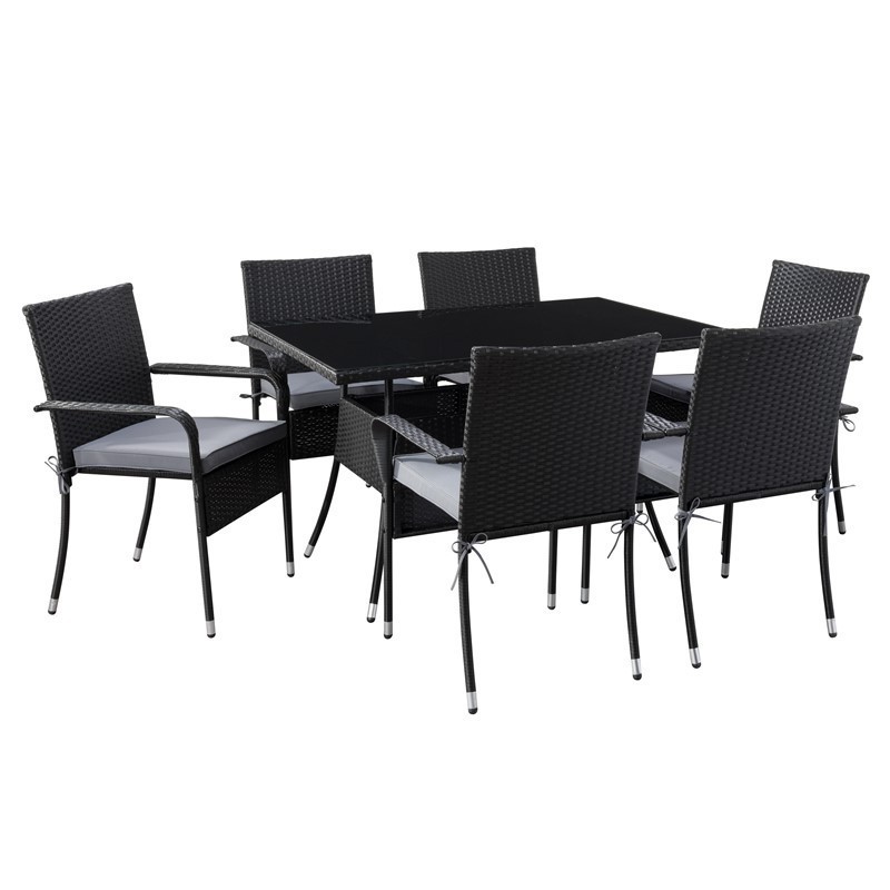 CORLIVING PRK-710-Z3 PARKSVILLE PATIO DINING SET WITH STACKABLE CHAIRS AND CUSHIONS, 7 PIECES - BLACK AND ASH GREY