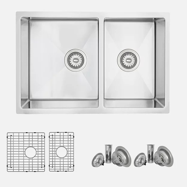 STYLISH S-403G SEVILLA 28 INCH DOUBLE BOWL UNDERMOUNT KITCHEN SINK WITH GRIDS AND STANDARD STRAINERS - STAINLESS STEEL
