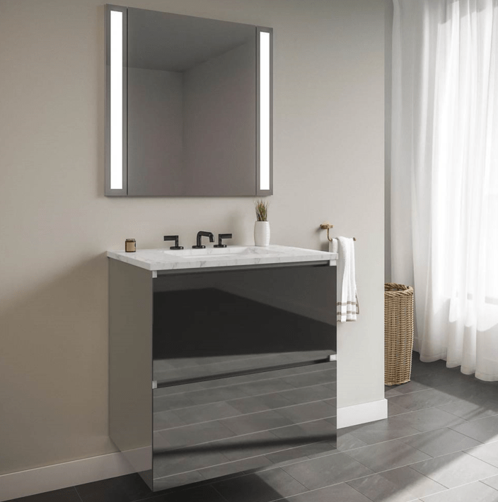 ROBERN 24119400NB00002 CARTESIAN 24 INCH TWO DRAWER DECORATIVE GLASS VANITY IN TINTED GRAY MIRROR WITH ENGINEERED STONE VANITY TOP IN SILESTONE LYRA