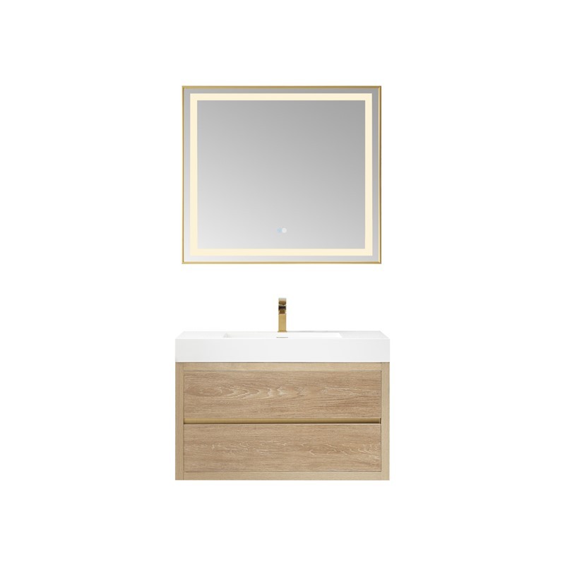 VINNOVA 703136-NO-WH PALENCIA 35 3/4 INCH SINGLE SINK WALL-MOUNT BATH VANITY IN NORTH AMERICAN OAK WITH WHITE COMPOSITE INTEGRAL SQUARE SINK TOP AND MIRROR