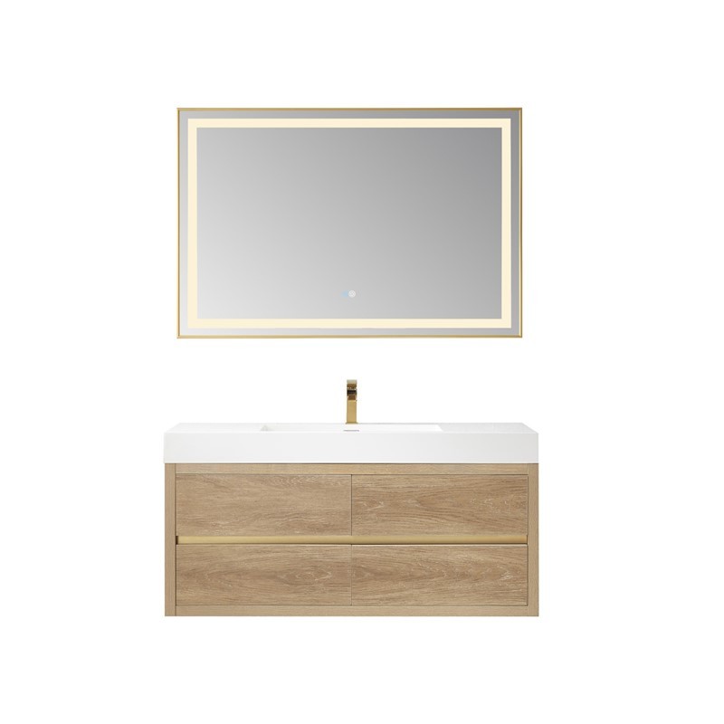 VINNOVA 703148-NO-WH PALENCIA 48 INCH SINGLE SINK WALL-MOUNT BATH VANITY IN NORTH AMERICAN OAK WITH WHITE COMPOSITE INTEGRAL SQUARE SINK TOP AND MIRROR