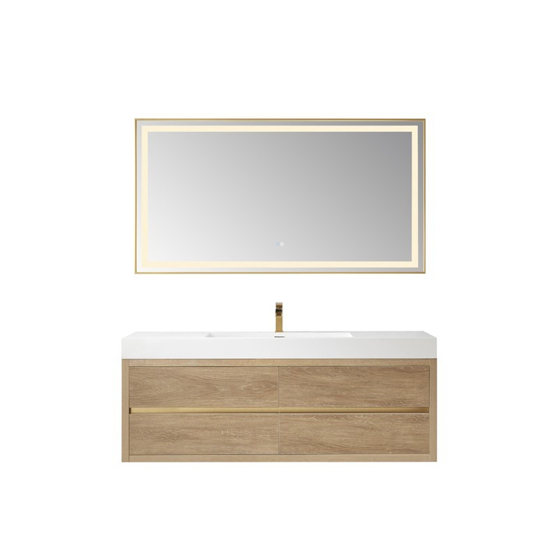 VINNOVA 703160-NO-WH PALENCIA 59 3/4 INCH SINGLE SINK WALL-MOUNT BATH VANITY IN NORTH AMERICAN OAK WITH WHITE COMPOSITE INTEGRAL SQUARE SINK TOP AND MIRROR