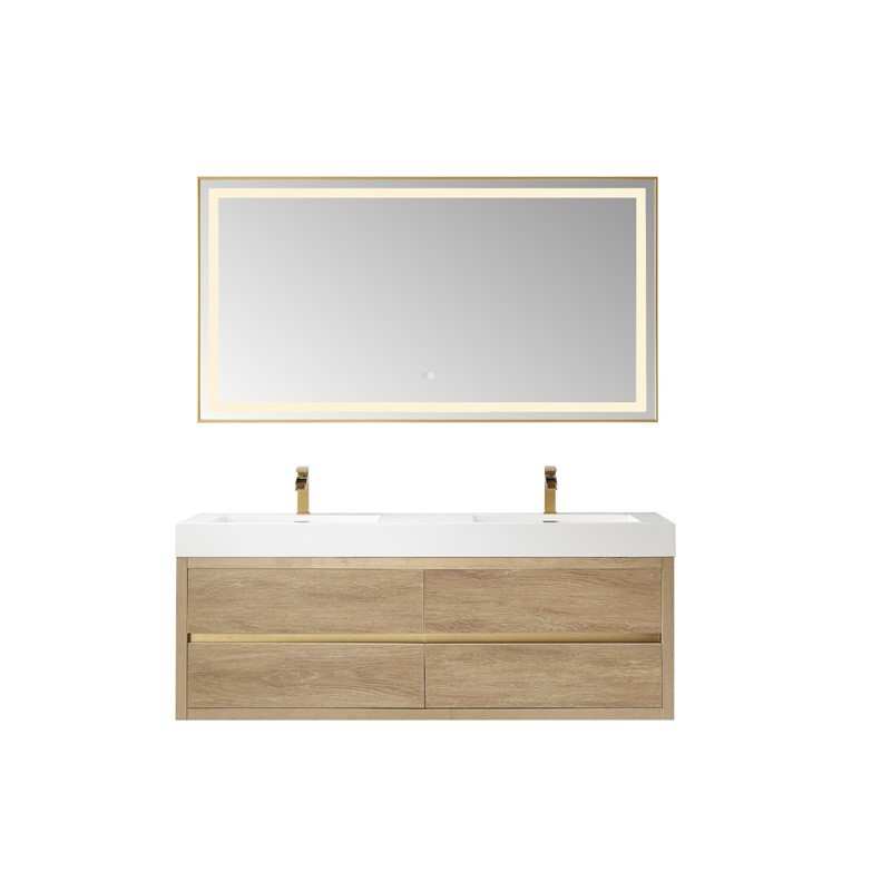 VINNOVA 703160M-NO-WH PALENCIA 59 3/4 INCH DOUBLE SINK WALL-MOUNT BATH VANITY IN NORTH AMERICAN OAK WITH WHITE COMPOSITE INTEGRAL SQUARE SINK TOP AND MIRROR