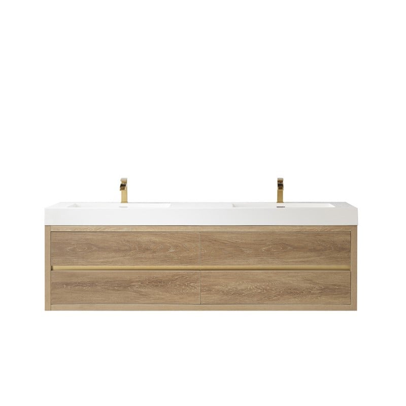 VINNOVA 703172-NO-WH-NM PALENCIA 71 3/4 INCH DOUBLE SINK WALL-MOUNT BATH VANITY IN NORTH AMERICAN OAK WITH WHITE COMPOSITE INTEGRAL SQUARE SINK TOP