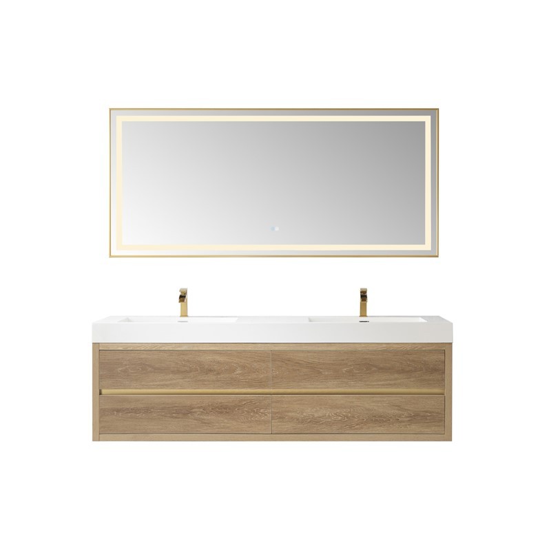VINNOVA 703172-NO-WH PALENCIA 71 3/4 INCH DOUBLE SINK WALL-MOUNT BATH VANITY IN NORTH AMERICAN OAK WITH WHITE COMPOSITE INTEGRAL SQUARE SINK TOP AND MIRROR