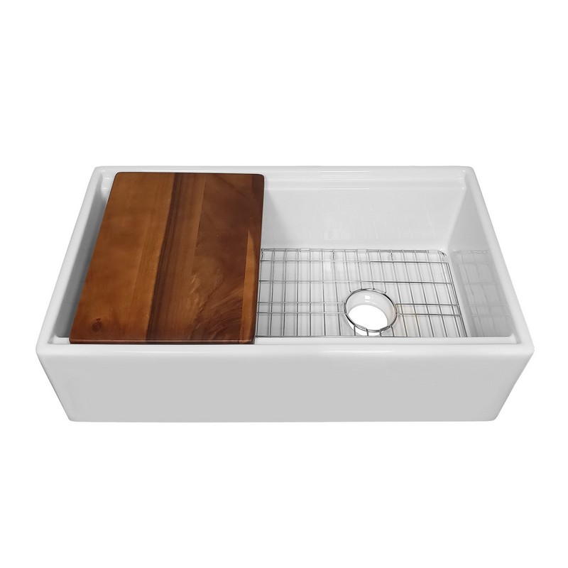 WHITEHAUS WHLW3019 30 INCH REVERSIBLE SINGLE BOWL FIRECLAY FRONT APRON KITCHEN SINK WITH CUTTING BOARD AND GRID - WHITE