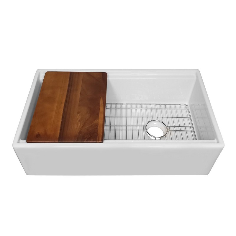 WHITEHAUS WHLW3319 33 INCH REVERSIBLE SINGLE BOWL FIRECLAY FRONT APRON KITCHEN SINK WITH CUTTING BOARD AND GRID - WHITE