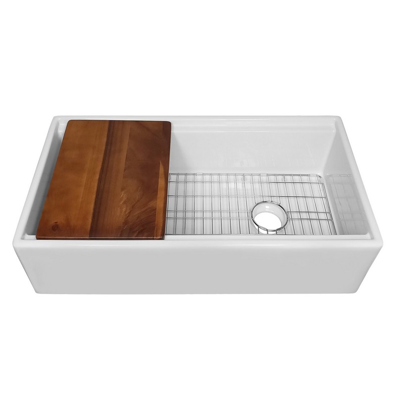 WHITEHAUS WHLW3619 36 INCH REVERSIBLE SINGLE BOWL FIRECLAY FRONT APRON KITCHEN SINK WITH CUTTING BOARD AND GRID - WHITE