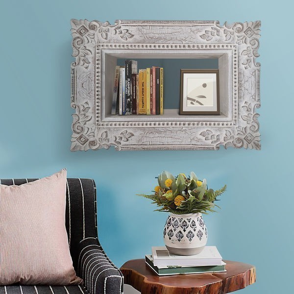 THE URBAN PORT UPT-229610 23 INCH ENGRAVED MANGO WOOD WALL MOUNTED SHELF WITH TEXTURED DETAILS - DISTRESSED WHITE