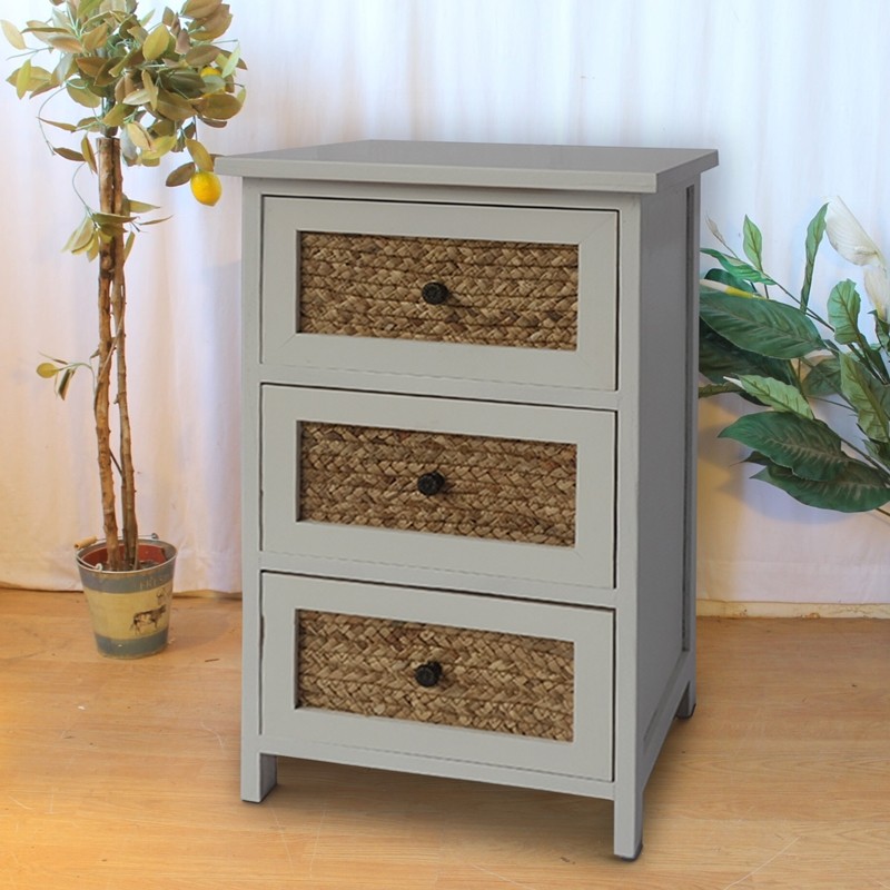 THE URBAN PORT UPT-230664 14 INCH 3 DRAWER WOODEN ACCENT CABINET WITH CORN HUSK WEAVE FRONT - WHITE AND BROWN