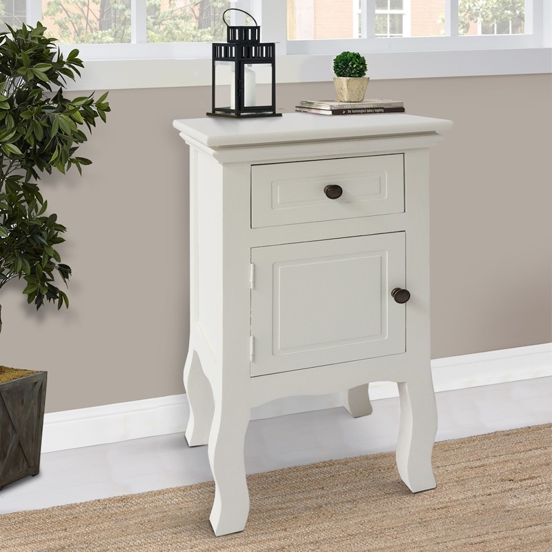 THE URBAN PORT UPT-230668 13 INCH SINGLE DRAWER WOODEN STORAGE CABINET WITH DOOR STORAGE AND CABRIOLE LEGS - WHITE