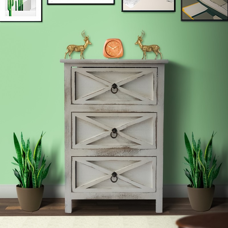 THE URBAN PORT UPT-230669 17 INCH 3 DRAWER WOODEN STORAGE CABINET WITH X SHAPE DESIGN AND RING PULLS - WHITE