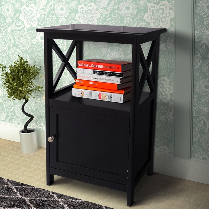 THE URBAN PORT UPT-230670 16 INCH SINGLE DOOR WOODEN STORAGE CABINET WITH OPEN SHELF AND X SIDE PANELS - BLACK