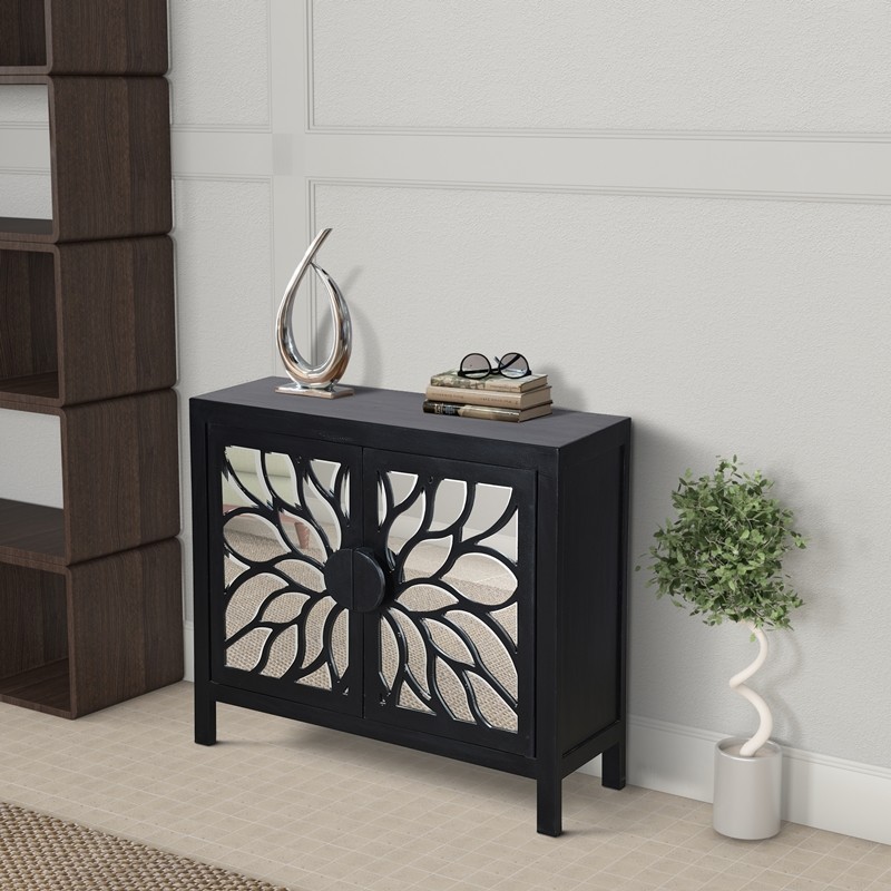 THE URBAN PORT UPT-230846 32 INCH RUSTIC ACCENT STORAGE CABINET WITH FLOWER DESIGN MIRRORED FRONT - BLACK