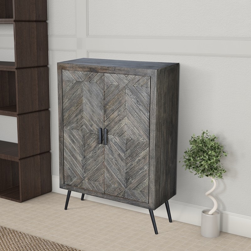 THE URBAN PORT UPT-230850 31 INCH CHEVRON PATTERN 2 DOOR WOODEN STORAGE CONSOLE CABINET WITH ANGLED METAL LEGS - GRAY