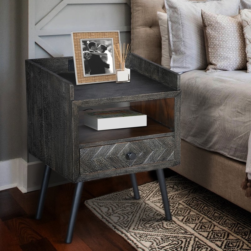 THE URBAN PORT UPT-230851 18 INCH RAISED TOP WOODEN END SIDE TABLE NIGHTSTAND WITH DRAWER AND POWER OUTLET - GRAY