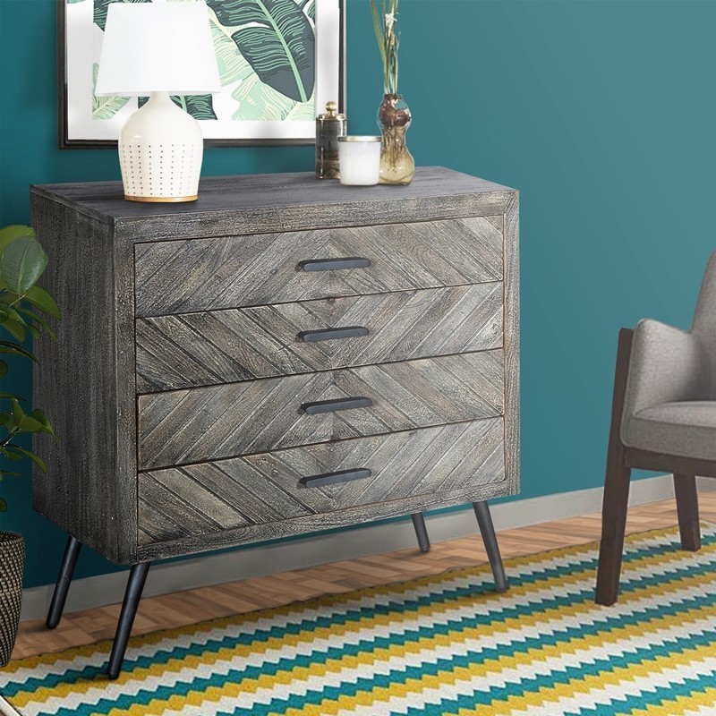 THE URBAN PORT UPT-230855 29 INCH CHEVRON PATTERN WOODEN 4 DRAWER ACCENT DRESSER CHEST WITH ANGLED METAL LEGS - GRAY