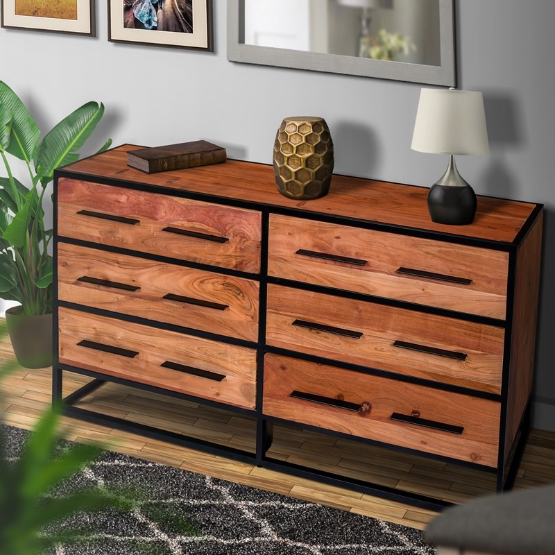 THE URBAN PORT UPT-231458 58 INCH 6 DRAWER INDUSTRIAL WOODEN STORAGE DRESSER WITH METAL FRAME - BROWN AND BLACK