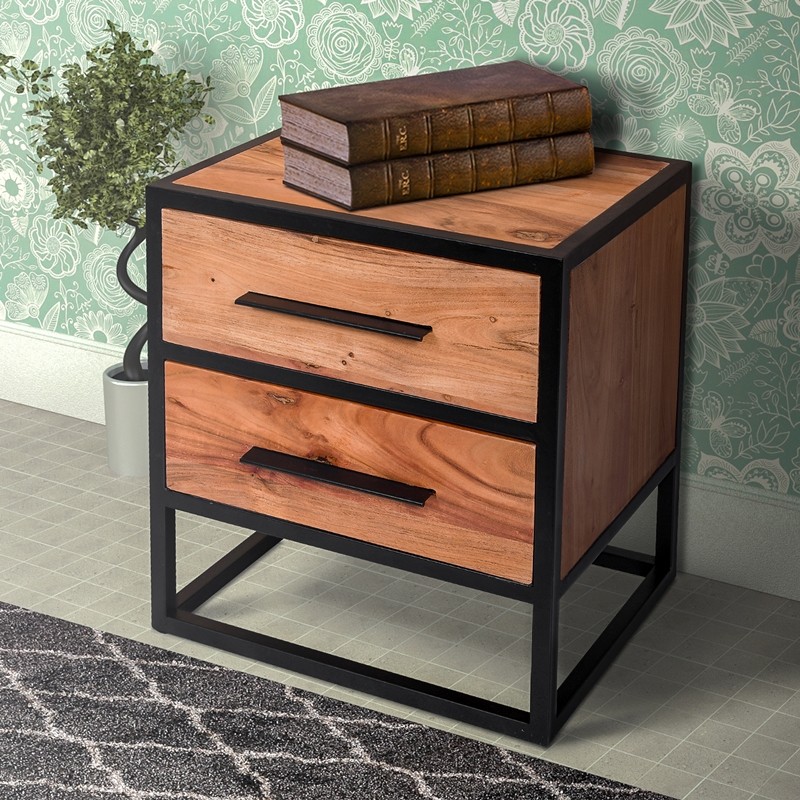 THE URBAN PORT UPT-231459 18 INCH 2 DRAWER INDUSTRIAL WOODEN ACCENT STORAGE NIGHTSTAND WITH METAL FRAME - BROWN AND BLACK