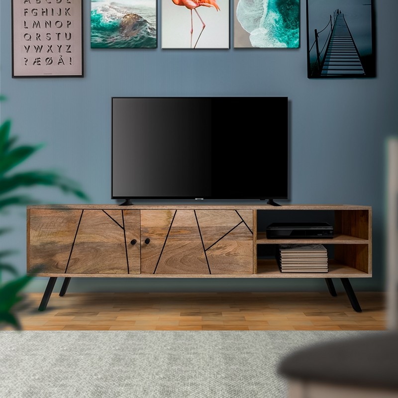 THE URBAN PORT UPT-231460 57 INCH TWO TONE WOODEN TV MEDIA ENTERTAINMENT STAND WITH 2 DOOR COMPARTMENTS - BLACK AND BROWN