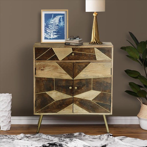 THE URBAN PORT UPT-231745 32 INCH WOODEN STORAGE CABINET WITH 2 DOORS AND GEOMETRIC INLAID DESIGN - BROWN