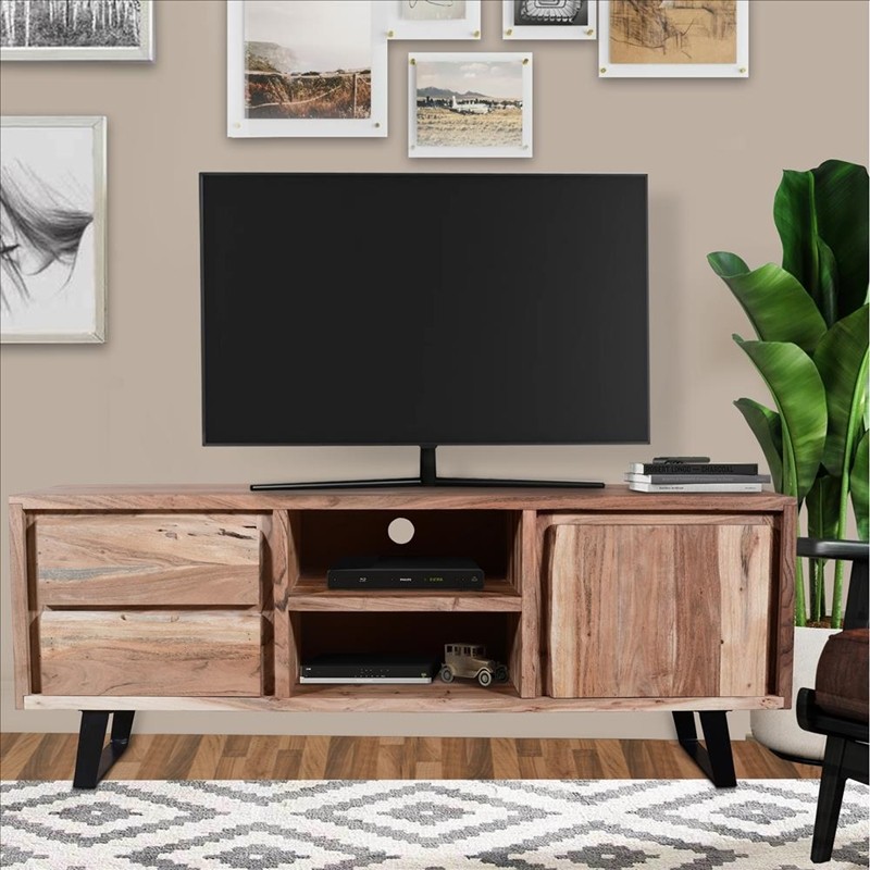 THE URBAN PORT UPT-237992 57 INCH 2 DRAWER WOODEN TV MEDIA CABINET WITH 1 DOOR AND LIVE EDGE DESIGN - BROWN