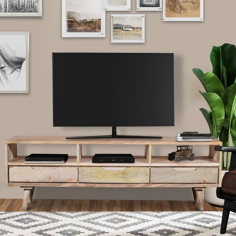 THE URBAN PORT UPT-237998 55 INCH 3 DRAWER MANGO WOOD TV MEDIA CABINET WITH 3 OPEN COMPARTMENTS - OAK BROWN