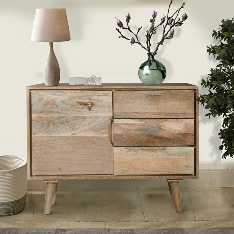 THE URBAN PORT UPT-237999 36 INCH 3 DRAWER MANGO WOOD SIDEBOARD CABINET WITH 1 DOOR AND RECESSED PULLS - OAK BROWN