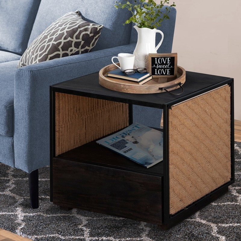THE URBAN PORT UPT-238069 18 INCH SINGLE DRAWER SOLID WOOD NIGHTSTAND WITH OPEN STORAGE AND JUTE WOVEN SIDE PANELS - BLACK