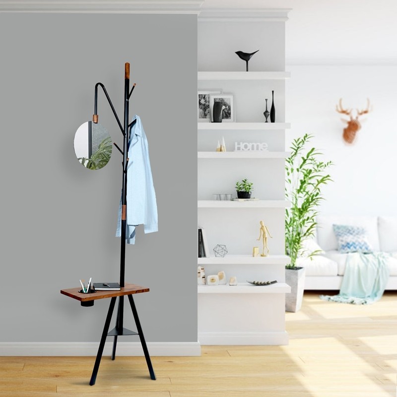 THE URBAN PORT UPT-238072 22 INCH STANDING METAL COAT RACK WITH CONJOINED MIRROR AND WOODEN DESK - BROWN AND BLACK