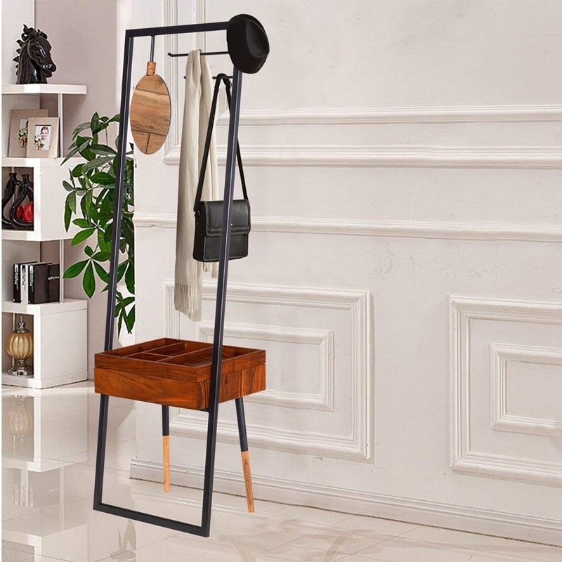 THE URBAN PORT UPT-238073 24 INCH STANDING METAL COAT RACK WITH CONJOINED MIRROR AND 1 DRAWER DESK - BROWN AND BLACK