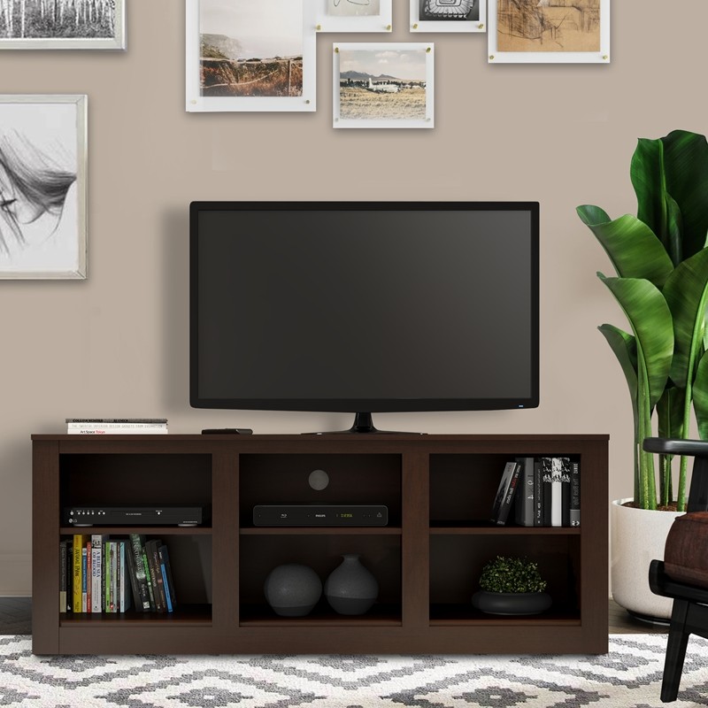 THE URBAN PORT UPT-238269 59 INCH RECTANGULAR TV STAND WITH 6 OPEN COMPARTMENTS - TOBACCO BROWN