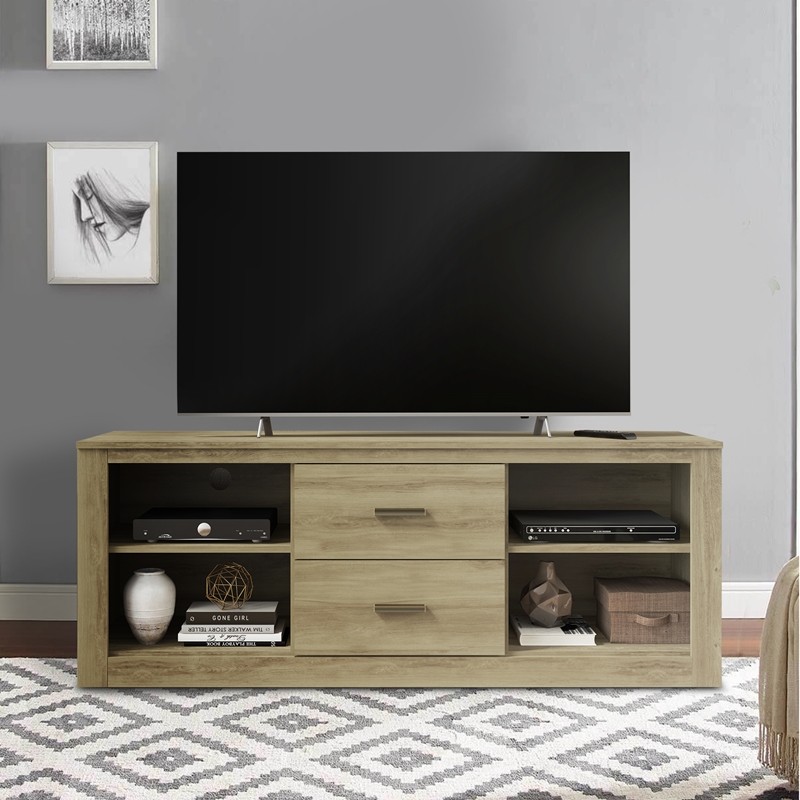 THE URBAN PORT UPT-238270 59 INCH WOODEN TV STAND WITH 2 DRAWERS AND 4 OPEN COMPARTMENTS - OAK BROWN