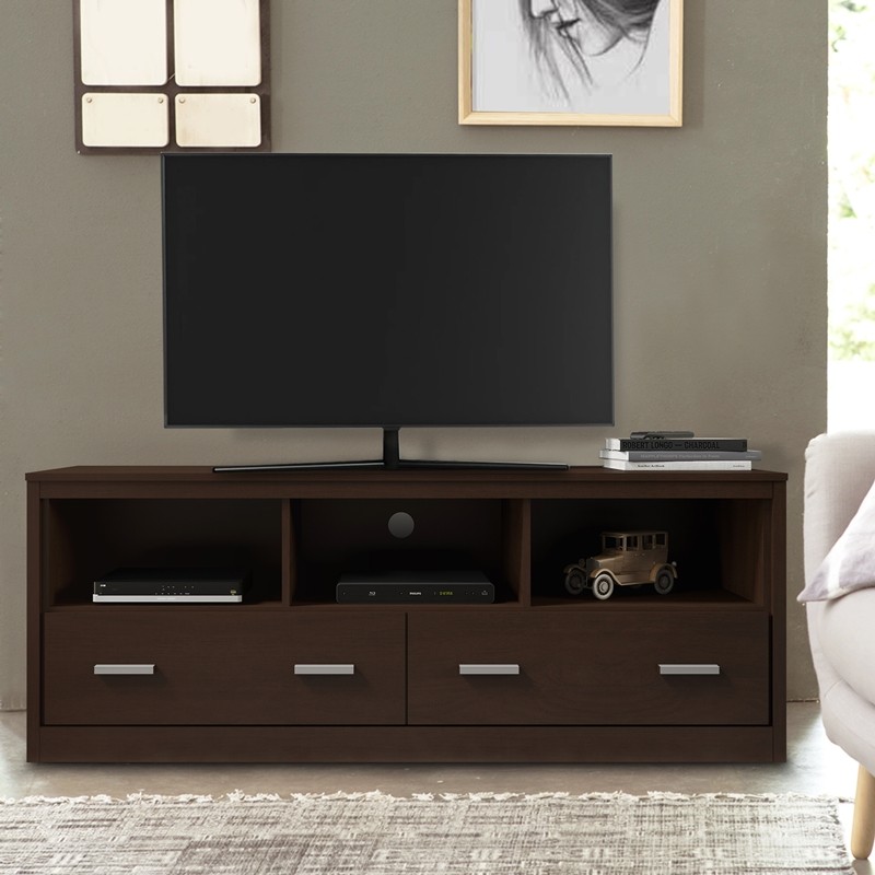 THE URBAN PORT UPT-238271 59 INCH WOODEN TV STAND WITH 2 DRAWERS AND 3 OPEN COMPARTMENTS - TOBACCO BROWN