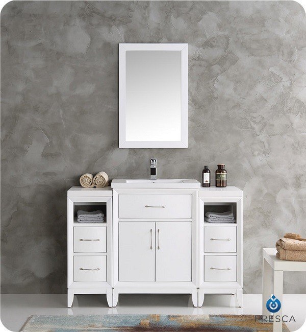 FRESCA FVN21-122412WH CAMBRIDGE 48 INCH WHITE TRADITIONAL BATHROOM VANITY WITH MIRROR