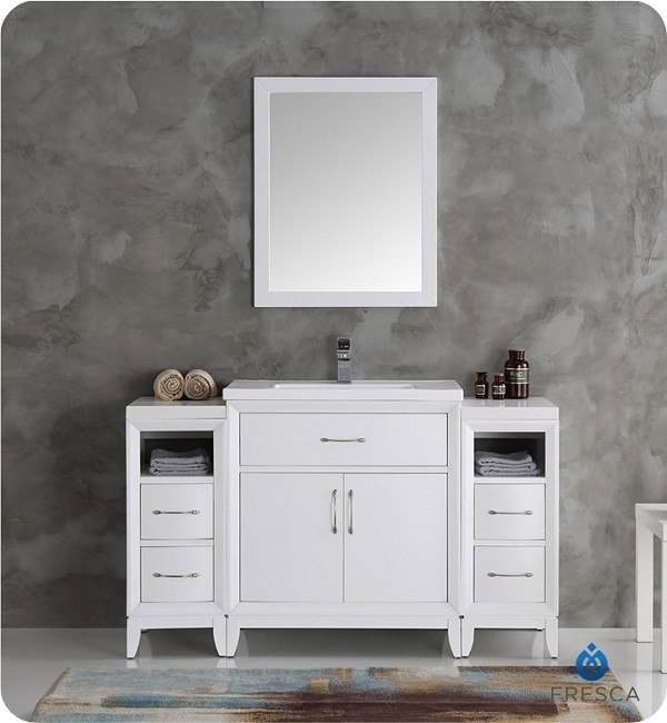 FRESCA FVN21-123012WH CAMBRIDGE 54 INCH WHITE TRADITIONAL BATHROOM VANITY WITH MIRROR