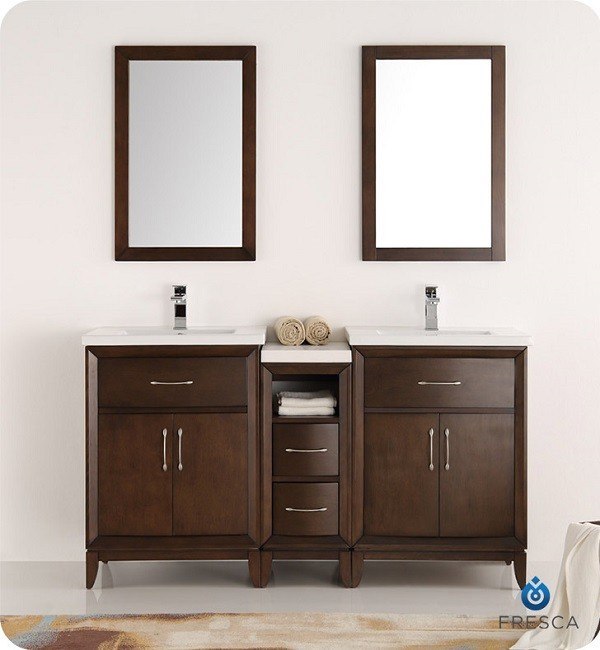 FRESCA FVN21-241224AC CAMBRIDGE 60 INCH ANTIQUE COFFEE DOUBLE SINK TRADITIONAL BATHROOM VANITY WITH MIRRORS