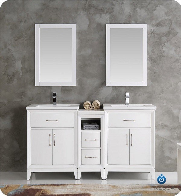 FRESCA FVN21-241224WH CAMBRIDGE 60 INCH WHITE DOUBLE SINK TRADITIONAL BATHROOM VANITY WITH MIRRORS