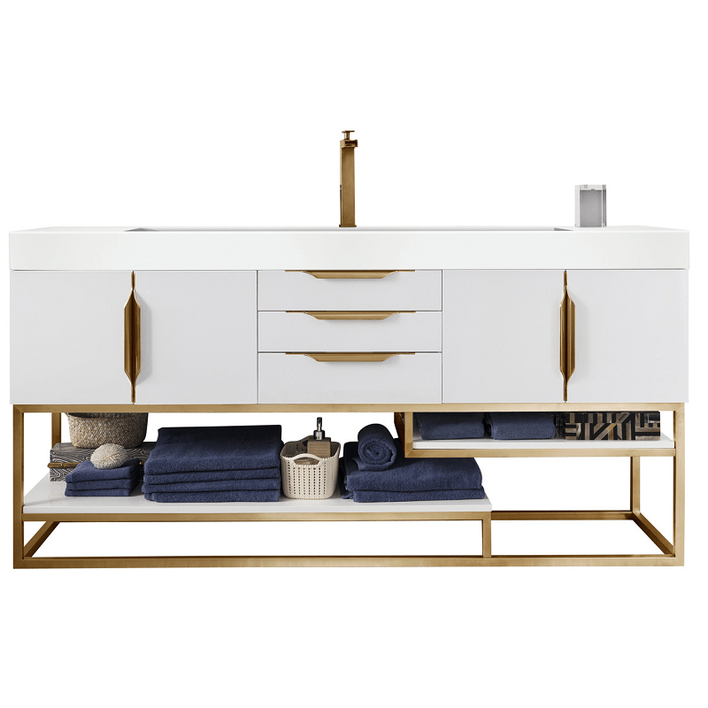 JAMES MARTIN 388-V72S-GW-RG-GW COLUMBIA 72 INCH SINGLE VANITY IN GLOSSY WHITE, RADIANT GOLD WITH GLOSSY WHITE SOLID SURFACE TOP
