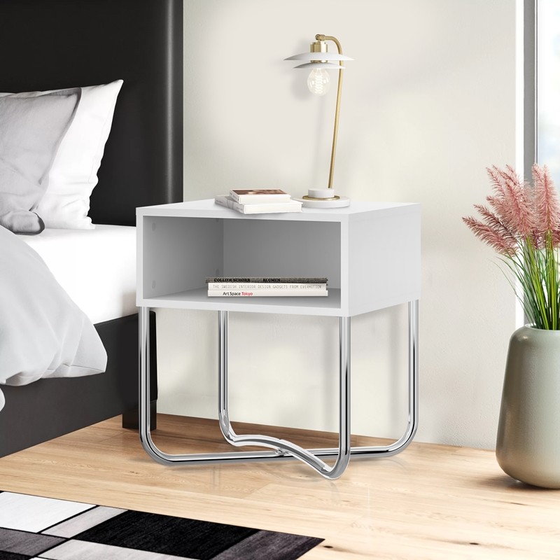 THE URBAN PORT UPT-238272 18 INCH BEDSIDE NIGHTSTAND WITH OPEN COMPARTMENT AND TUBULAR METAL BASE - WHITE AND CHROME