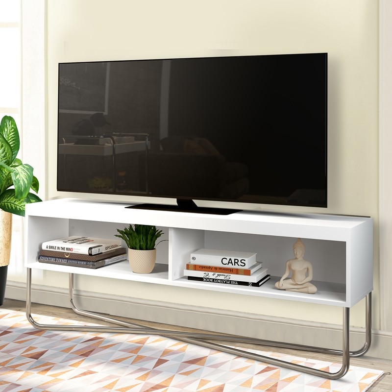 THE URBAN PORT UPT-238274 53 INCH TV STAND WITH 2 OPEN COMPARTMENTS AND TUBULAR METAL FRAME - WHITE AND CHROME