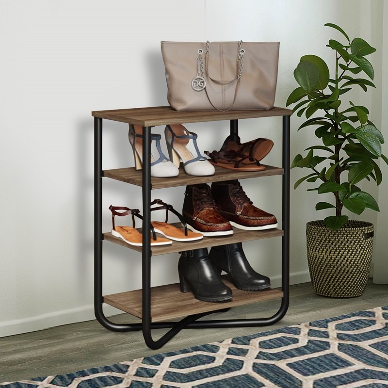 THE URBAN PORT UPT-238275 20 INCH SHOE RACK ORGANIZER WITH 4 TIER STORAGE AND TUBULAR METAL FRAME - BROWN AND BLACK