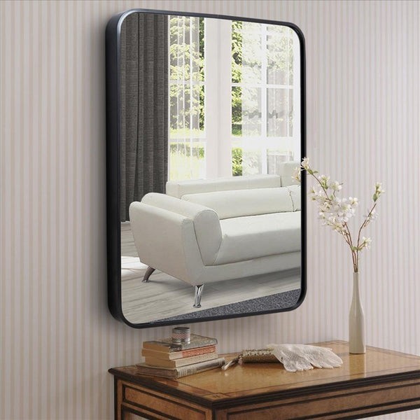 THE URBAN PORT UPT-238452 20 INCH TRANSITIONAL ALUMINUM FRAME RECTANGULAR WALL MIRROR WITH ARCHED CORNERS - BLACK