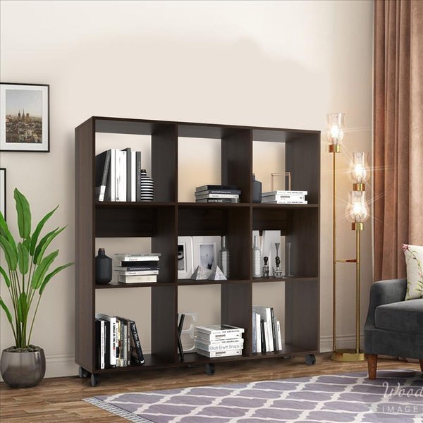 THE URBAN PORT UPT-242343 13 1/4 INCH WOODEN BOOKCASE WITH 9 OPEN COMPARTMENTS AND CASTERS - WALNUT BROWN