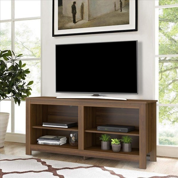 THE URBAN PORT UPT-242344 54 INCH WOODEN TV STAND WITH 4 OPEN COMPARTMENTS AND GRAIN DETAILS - BROWN